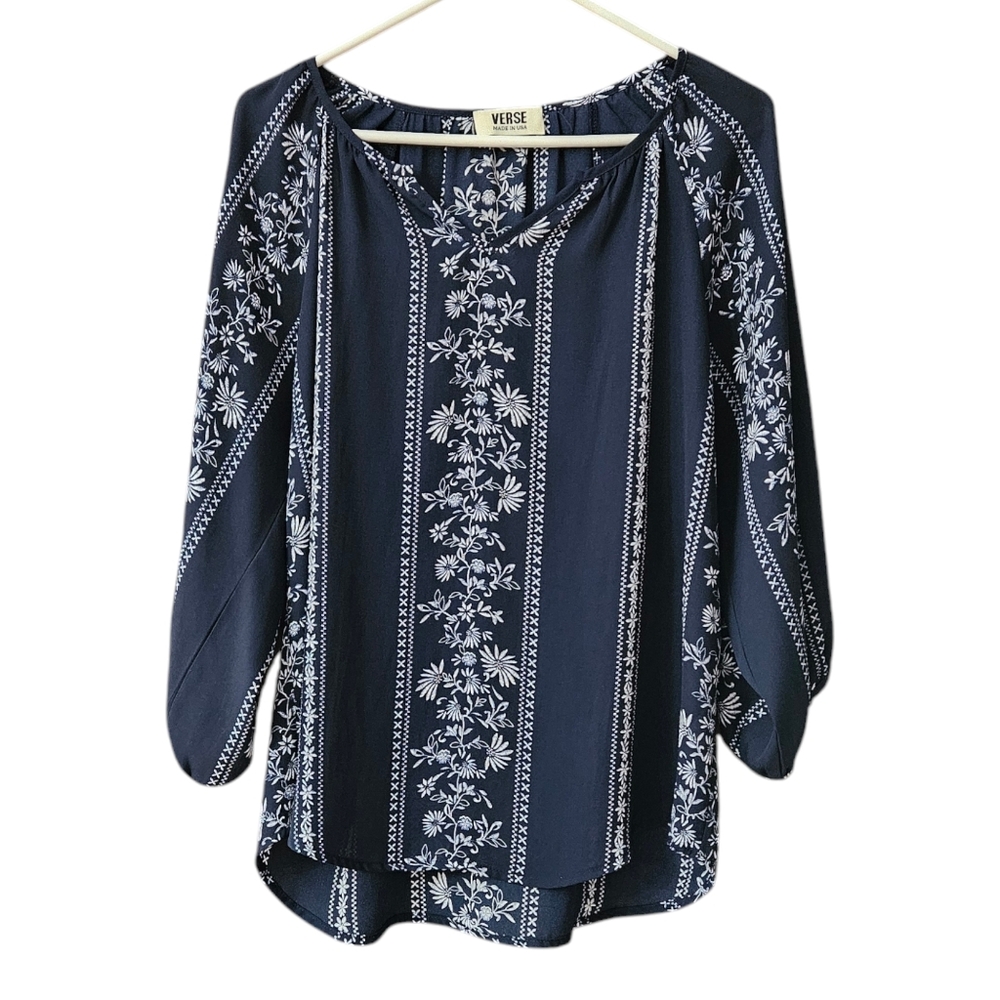 Verse Women's Blouse Open V Neck Medium Navy White Floral Print Flowy Boho USA